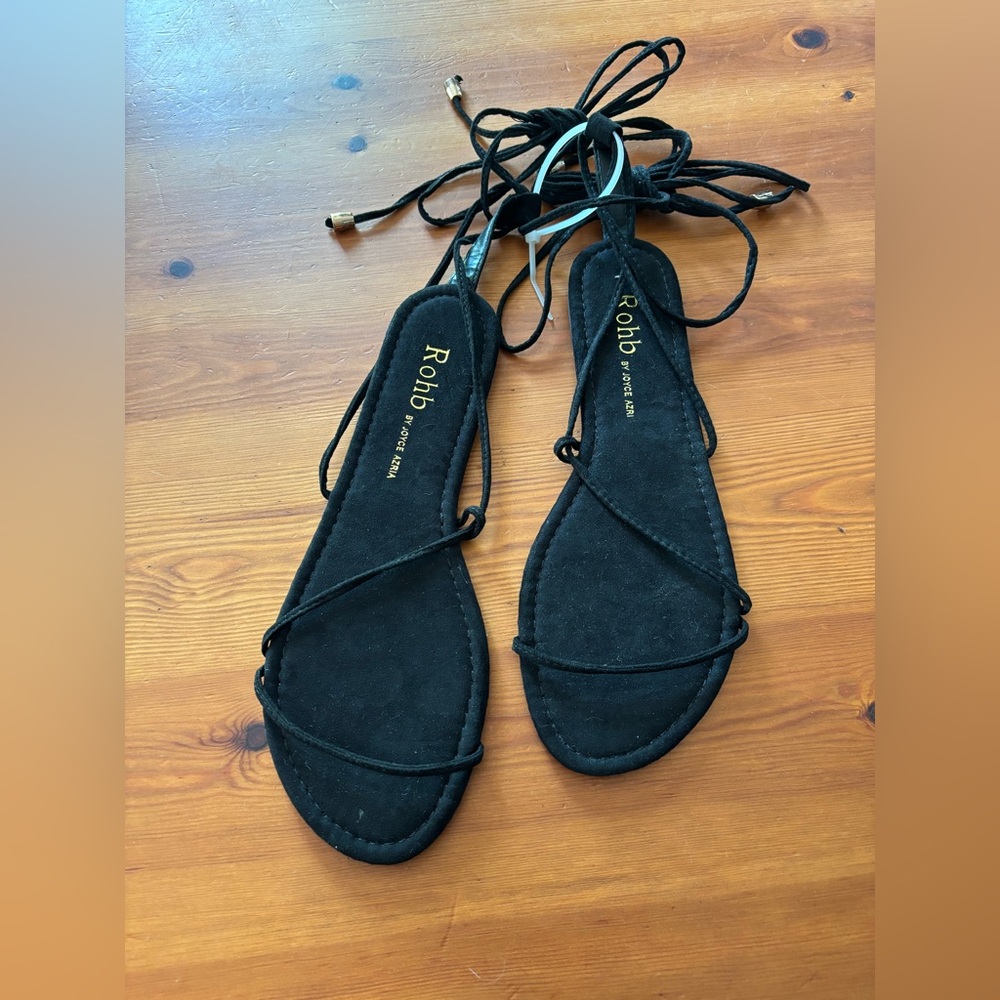 New ROHB Elegant Black Lace-Up Sandals Size 7